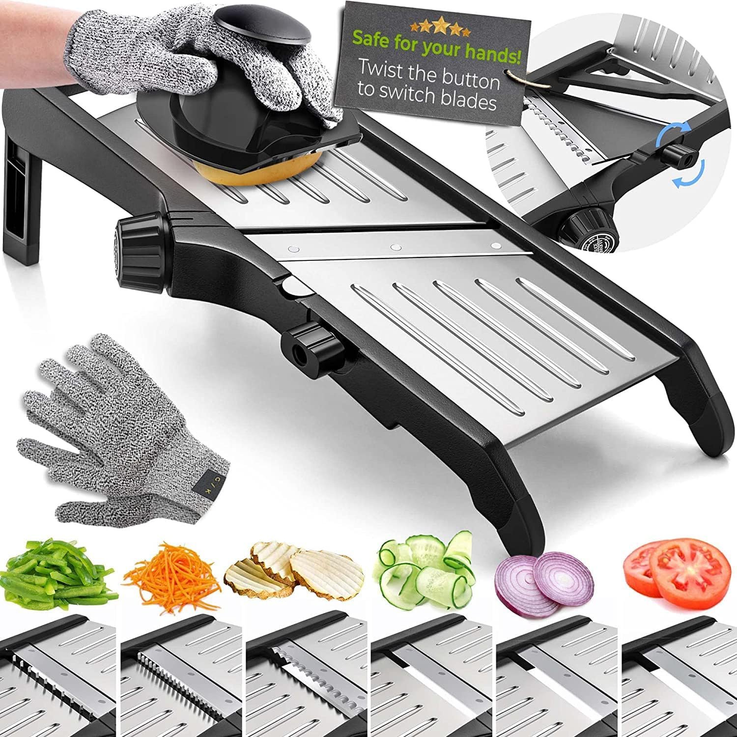 Gramercy Adjustable Mandoline Slicer for Kitchen, Potato Cutter, Vegetable Chopper, Mandolin, Cucumber Slicer- INCLUDING One Pair Cut-Resistant Gloves and Waffle Fry Cutter