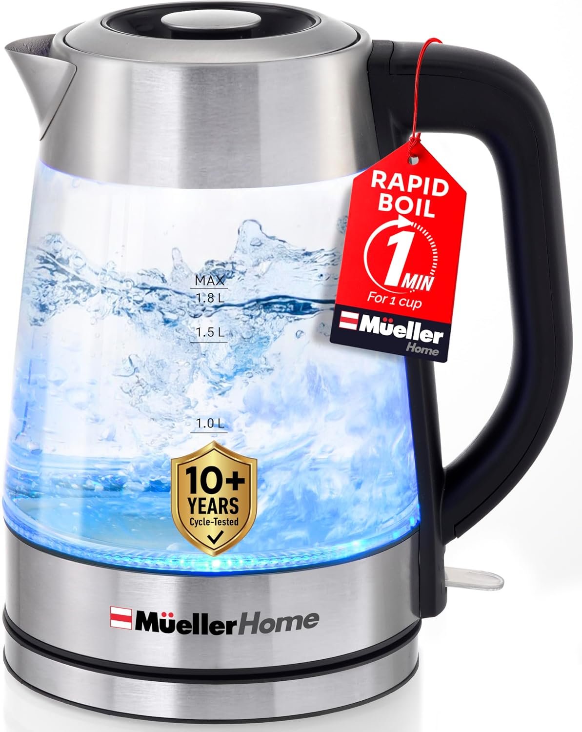 MUELLER HOME Rapid Boil Electric Tea Kettle 1.8L, BPA-Free Hot Water Boiler | Borosilicate Glass & Stainless Steel, LED Light, Auto Shut-Off, Boil Dry Protection Fast Water Heater, Kitchen Appliances