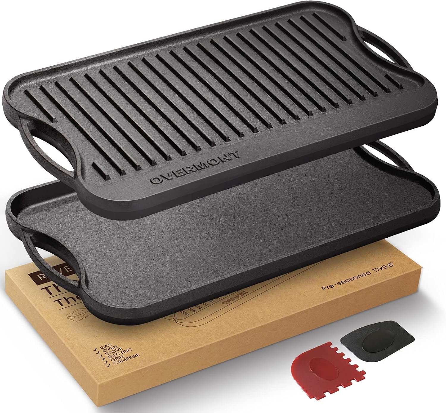 Overmont Reversible Cast Iron Grill – 17″ x 9.8″ Dual-Sided Griddle Pan | Pre-Seasoned Griddle Double Burner Cookware with Handles, for Gas Grill Stovetop Oven Campfire Camping BBQ, Scrapers Included