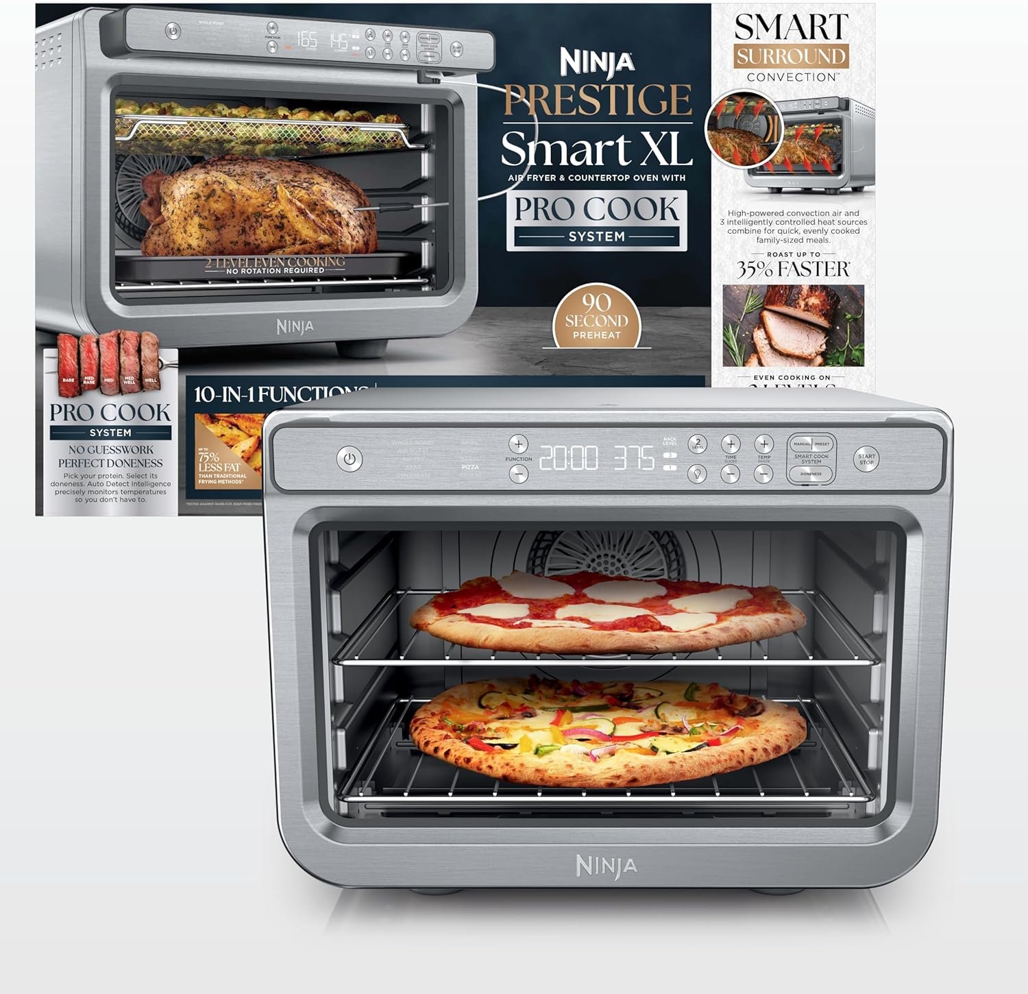 Ninja Prestige Smart XL Pro Cook System, 10-in-1, Stainless Steel, DT551 | Smart Cook thermometer, Air fry, air roast, broil, bake, toast, pizza, 1800W