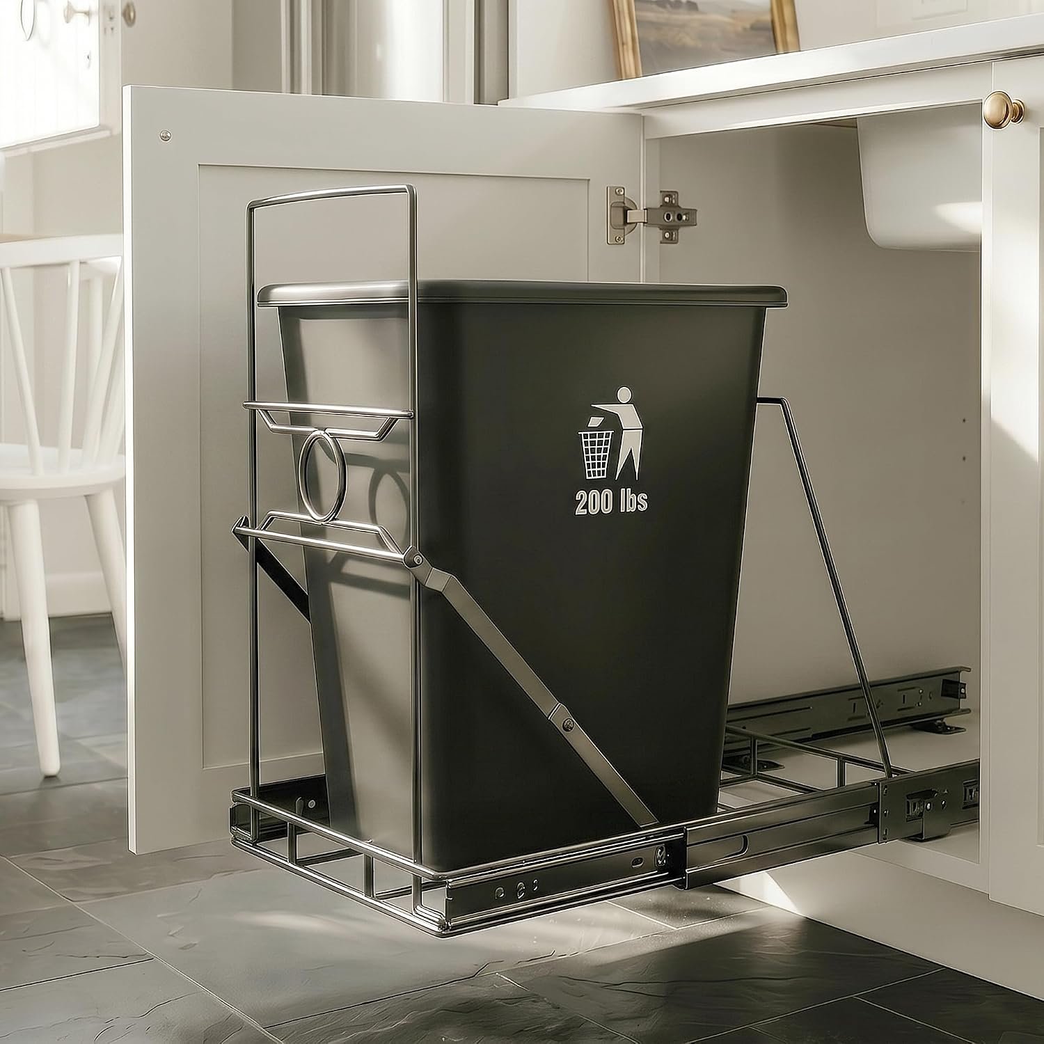 Trash Can Pull Out for Kitchen Cabinet, Black | Upgraded One-Piece Slide Out Holder Fits Most 7 to 11 Gallon Bins, Requires 12.5″W x 17.3″D x 17.5″H, Bin Not Included