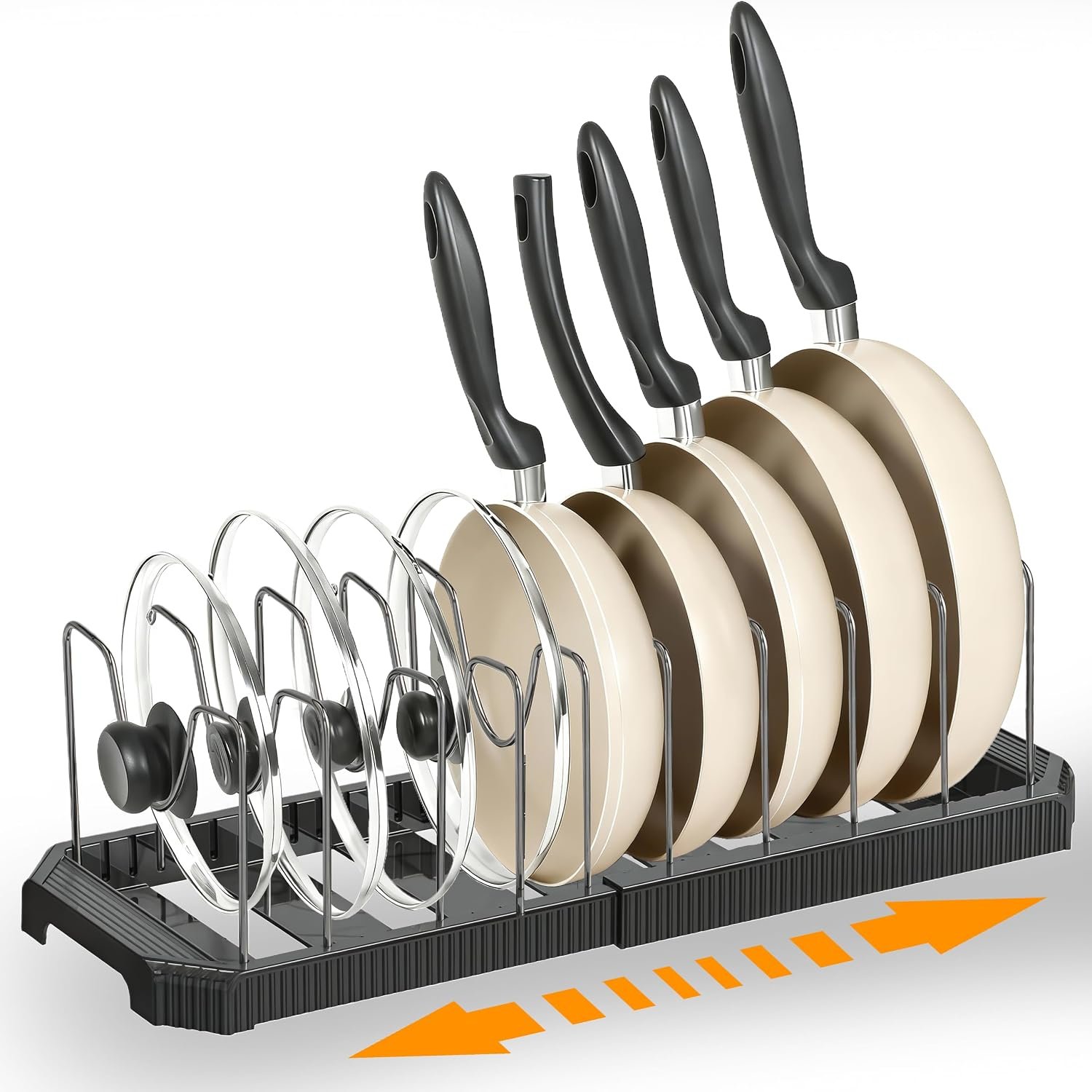 Adjustable Pot Lid Organizer, 9 Compartment Cabinet Storage for Pans, Black | Width adjusts 12 to 20 in, holds pots pans lids cutting boards, wire dividers, non-slip feet, space-saving for kitchen