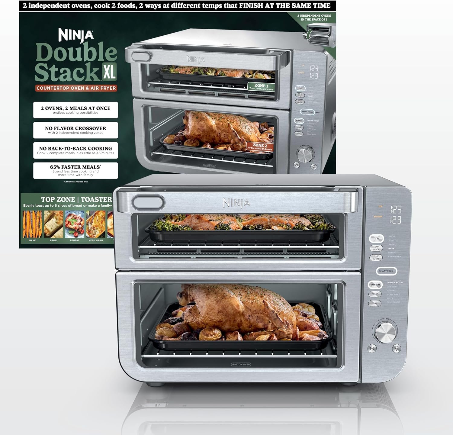 Ninja Double Stack XL Countertop Oven, 12-in-1, Stainless Steel, DCT601 | DualZone, Smart Finish, FlavorSeal, Fits 4.5 lb chicken & 6 lbs wings, Air fry, bake, broil