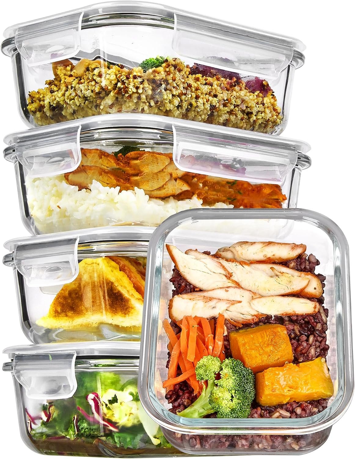 Vtopmart 5Pack 22oz Glass Storage Containers with Lids, Grey | Glass Meal Prep Food Container Sets, Snap Airtight Lid, For Microwave, Oven, Freezer and Dishwasher, BPA Free