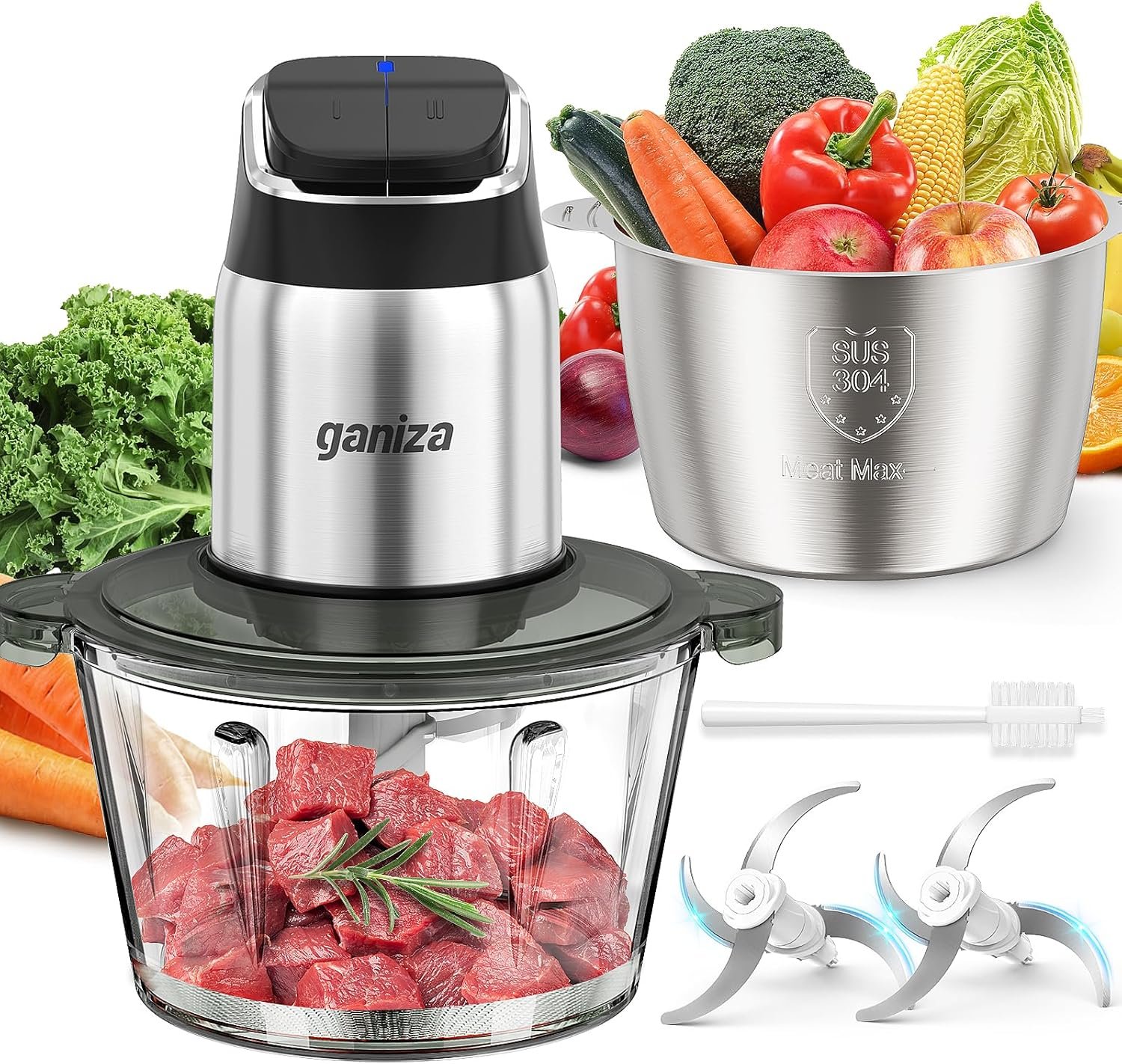 Ganiza Food Processor with Dual Bowls, 2-Speed Food Chopper & Meat Grinder | 8Cup Stainless & 8Cup Glass Bowls, Upgraded Button & Smart Overheat Protection Light – Includes Clean Brush, 2 Sets of Blades