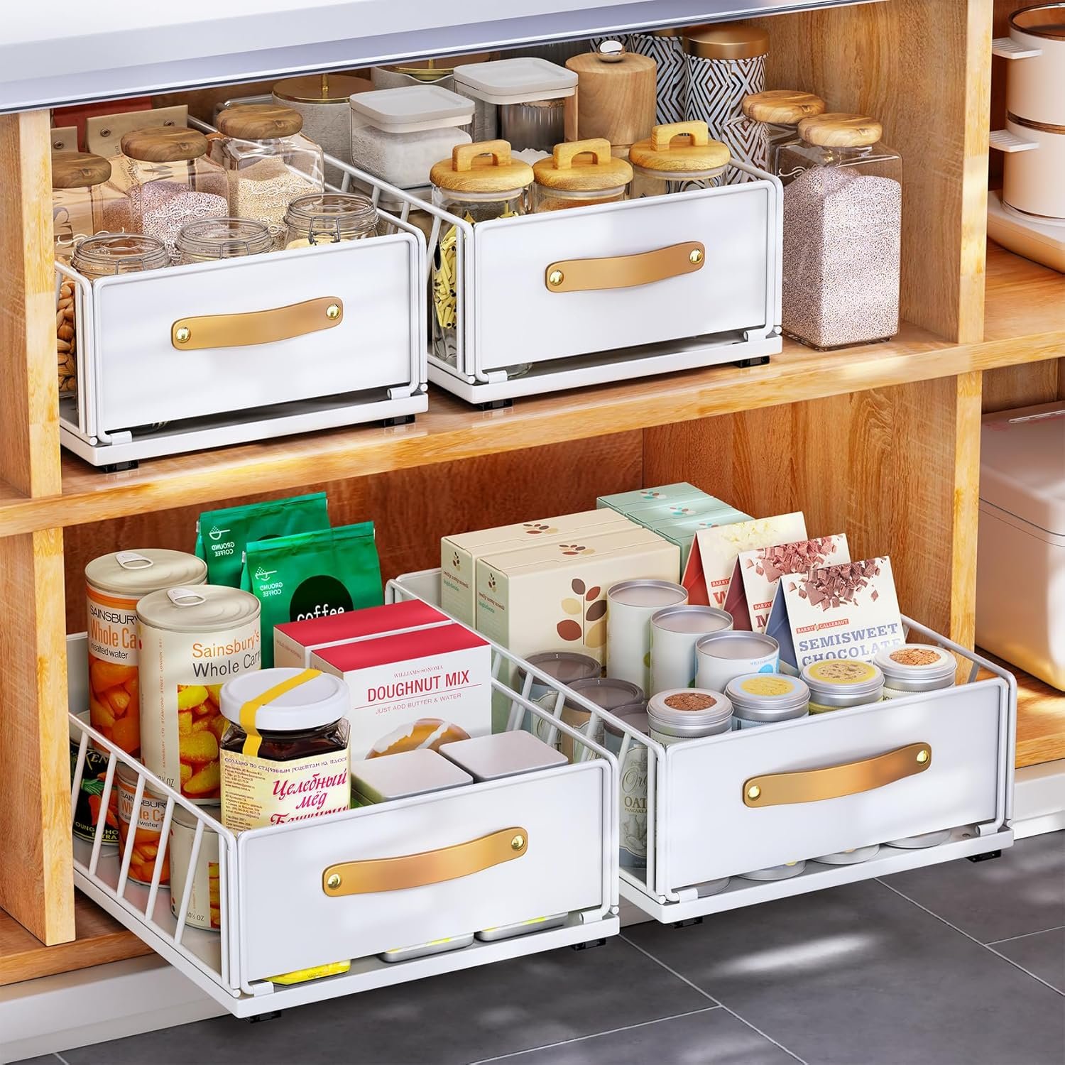 Pull out Cabinet Organizer,Heavy Duty Slide out Pantry Shelves Drawer Storage with Adhesive Nano Film,Sliding Mesh Cabinet Basket with Handle for Kitchen, Bathroom, Home, 11.8W” X 15.7″D X 6.2″H,White