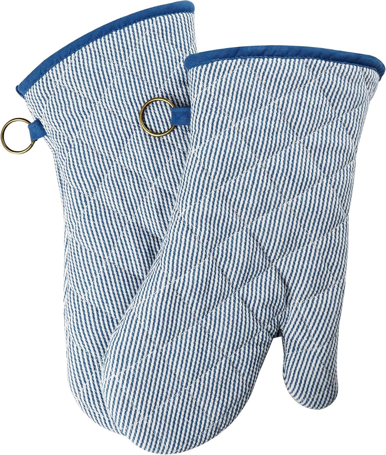 Yarn Dyed Oven Mitts 1 Pair， 100% Cotton Heat Resistant 470 Degree | Oven Gloves for Men Women Cooking Baking Barbecue BBQ Microwave Crafting Machine Washable Pot Holders Mittens (blue2)