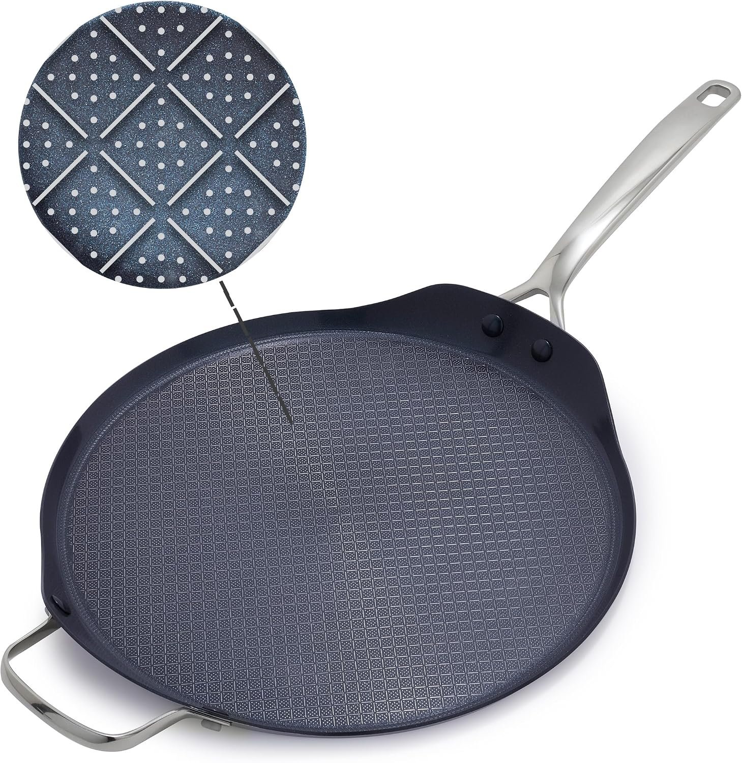 Blue Diamond Hybrid 12″ Stainless Steel Nonstick XL Griddle Pan | PFAS-Free Ceramic Nonstick Round Skillet, Induction & All Cooktop Ready, Dishwasher and Oven Safe, Metal Utensil Safe