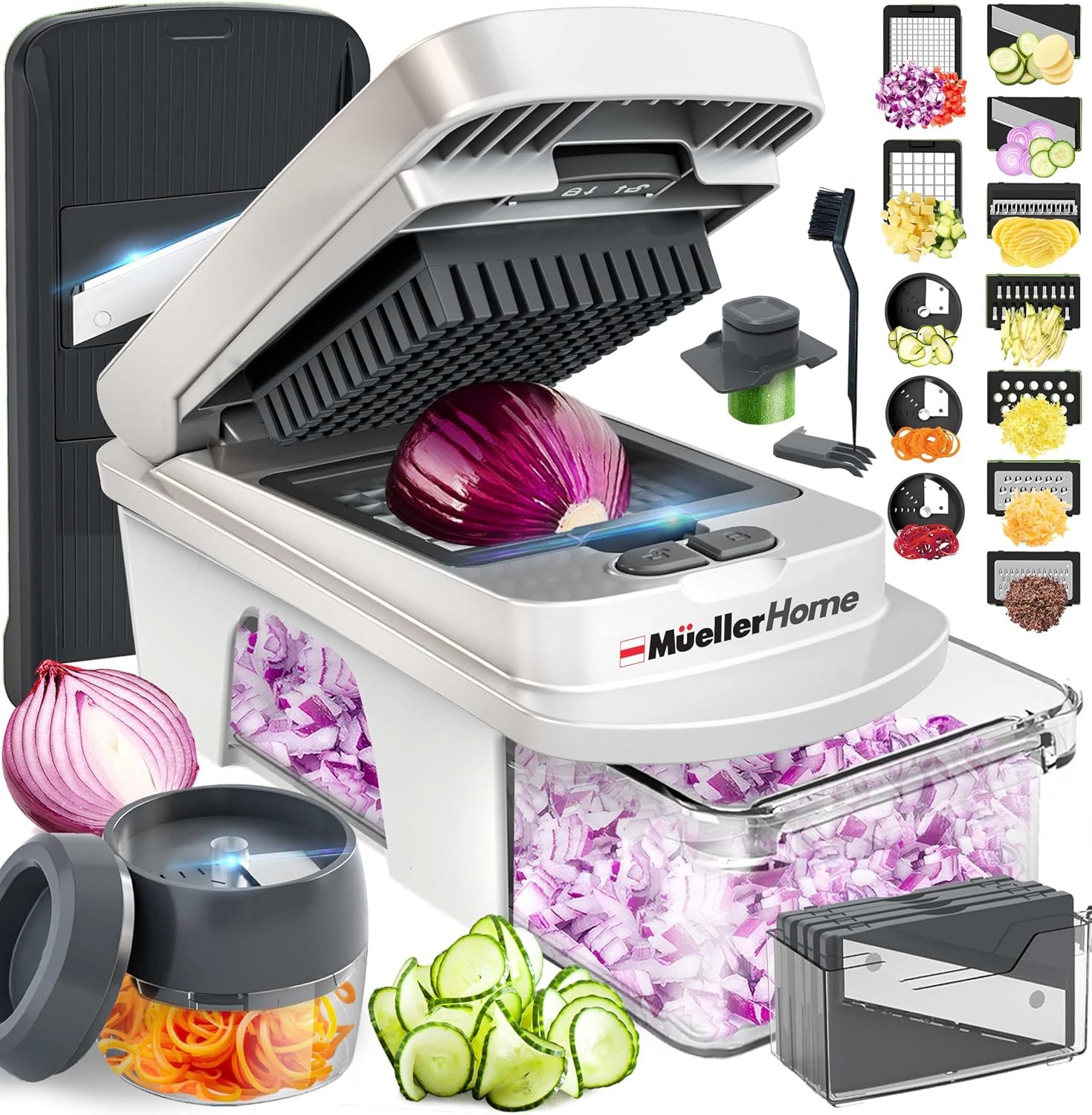 Mueller Pro-Series All-in-One, 12 Blade Mandoline Slicer for Kitchen | Spiralizer, Food Chopper, Vegetable Slicer, Cutter, Dicer, Grater, Kitchen Gadgets with Container, White Sand/Gray