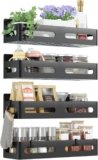 Sevenblue 4-Pack Magnetic Spice Rack for Refrigerator with Hooks, Black | Strong multipurpose magnetic shelf for kitchen & bathroom organization. Includes 4 removable hooks for hanging items.