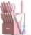 Astercook Knife Set, Kitchen Knives Set with Block and Sharpener 15 Pcs German Stainless Steel Knives Sharp Blade Dishwasher Safe Deba Knives with Ergonomic Handle, Crystal Pink