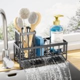 Kitsure Sponge Holder for Kitchen Sink, 7.9″x3.7″x6.2″, Black | Kitchen Sink Caddy, Home Decor Accessories, Stainless Steel, High Brush Holder
