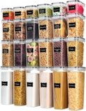 Airtight Food Storage Containers with Lids, Vtopmart 24 pcs Plastic Kitchen and Pantry Organization Canisters for Cereal, Dry Food, Flour and Sugar, BPA Free, Includes 24 Labels，Black | For Cereal Pasta Snack Flour Sugar, BPA Free, Airtight Seal, Multiple Sizes, Dishwasher Safe (Not Lids), Includes 24 Labels