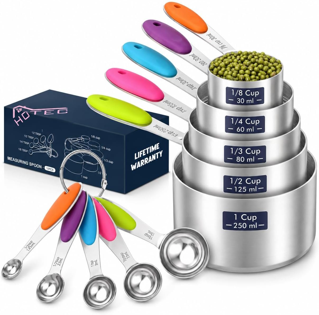 HOTEC 10-Pack Measuring Cups &Spoons Set, Kitchen Gadagets Cooking Baking, Measuring Spoons, Heavy Duty & Dishwasher Safe for Dry and Liquid Ingredients, Multicolor