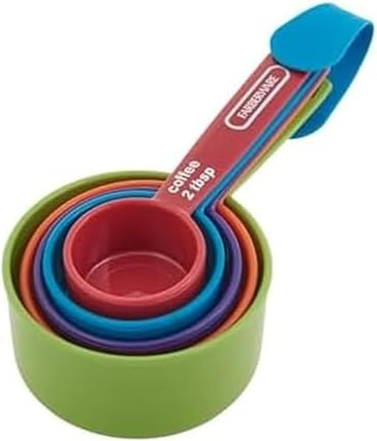 FARBERWARE 5-Piece Measuring Cup Set with Coffee Scoop, Durable Plastic Nesting Measuring Cups with Easy-Read Markings, BPA-Free, Dishwasher Safe
