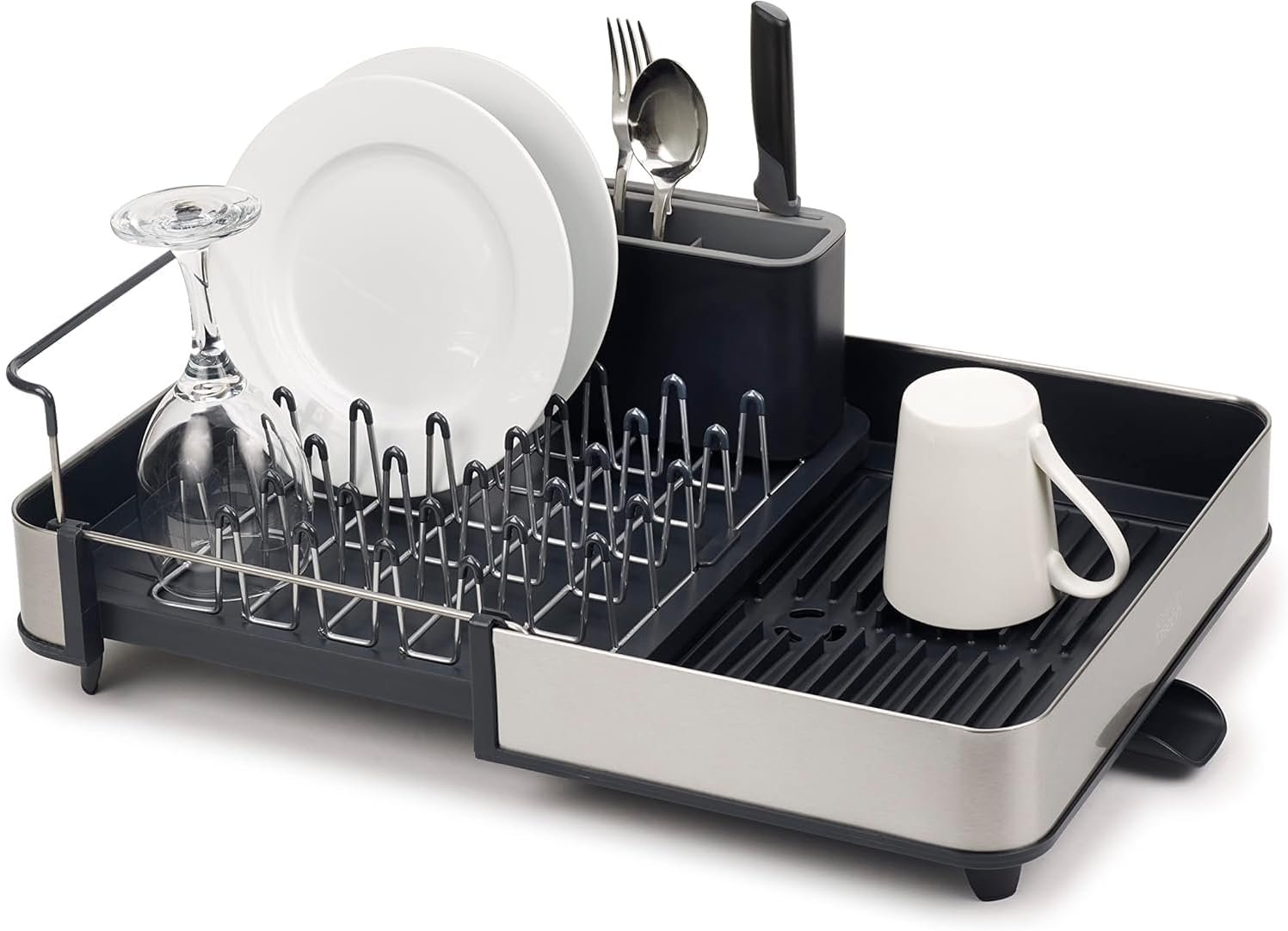 Joseph Joseph Extendable Dish Drying Rack with Dual Parts – Stainless Steel, Non-Scratch, Movable Utensil Drainer & Drainage Spout, Gray