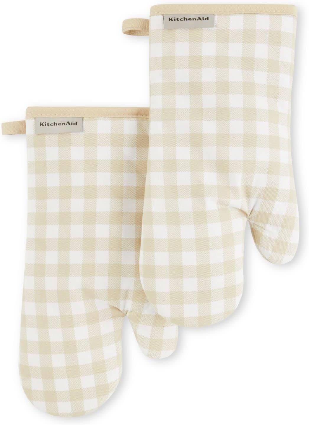 KitchenAid Gingham Oven Mitt 2-Pack Set, Milkshake Tan, 7″x13″