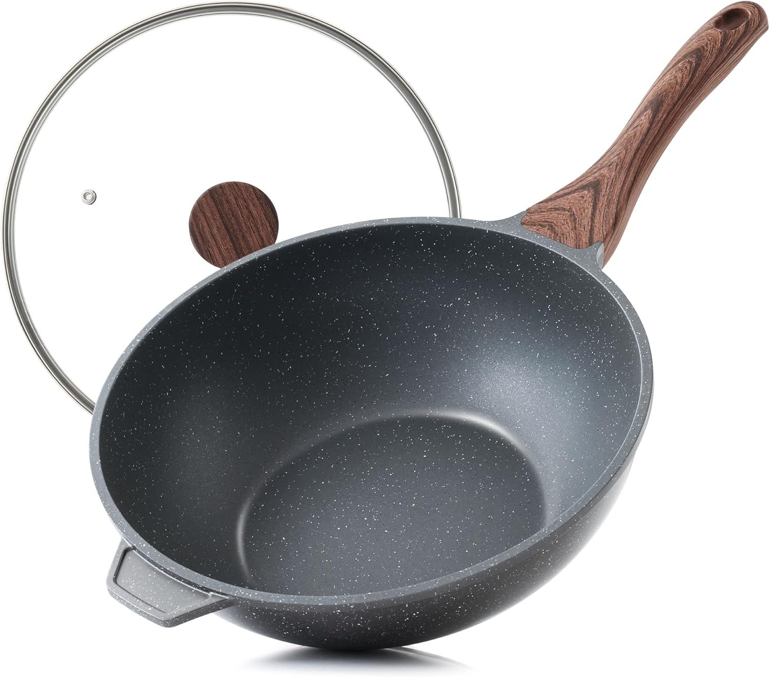 SENSARTE Nonstick Wok Pan with Lid 11Inch, Healthy Stir-fry Pan Chef’s Pan | Induction Cookware, Swiss Granite Coating, Even & Fast Heating, Non stick Frying Pan Skillet, Stay-cool Handle, PFOA Free