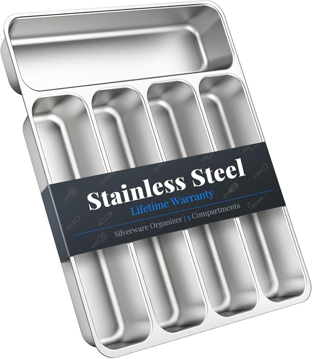 IKOCO Silverware Organizer, Stainless Steel, Dishwasher Safe for Drawer | 13.8″ x 11.4″ x 1.6″, Rust-Resistant & Non-Absorbent, 5-Compartment, Holds Spoons/Forks/Knives