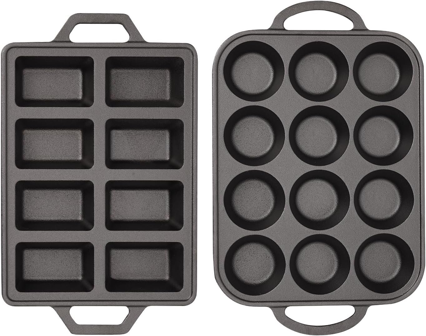 Flavehc Cast Iron Muffin Pans 12 Cup and Cast Iron Mini Loaf Pans 8 Cavity Regular Size Cupcake Pan Pre-Seasoned Loaf Pans Molds for Baking