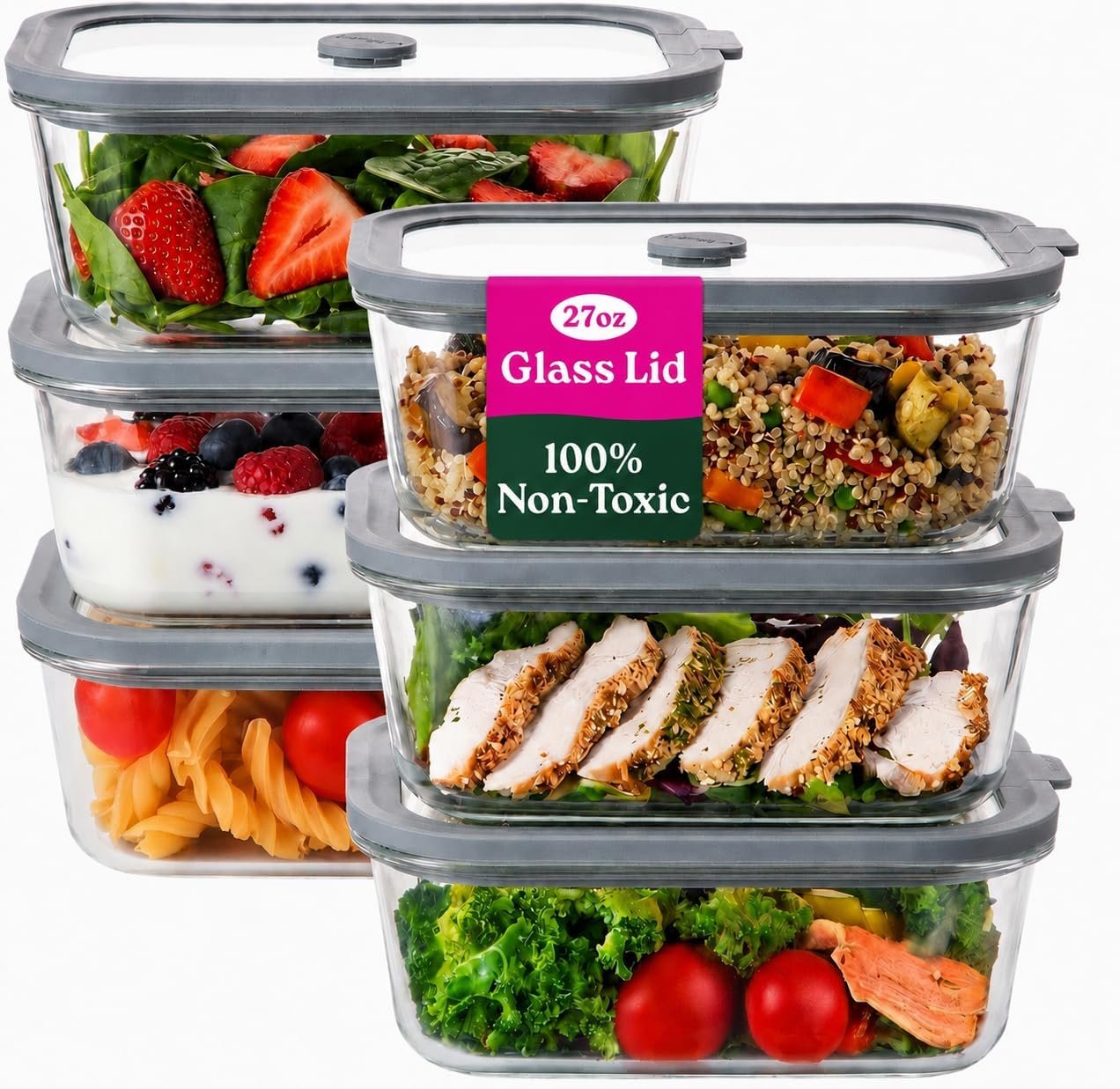 6 Pack Non-Toxic Glass Storage Containers with Glass Lids –27 Oz Borosilicate Glass Meal Prep Containers for Lunch, Airtight Food Storage, Microwave & Freezer Safe-Plastic Free