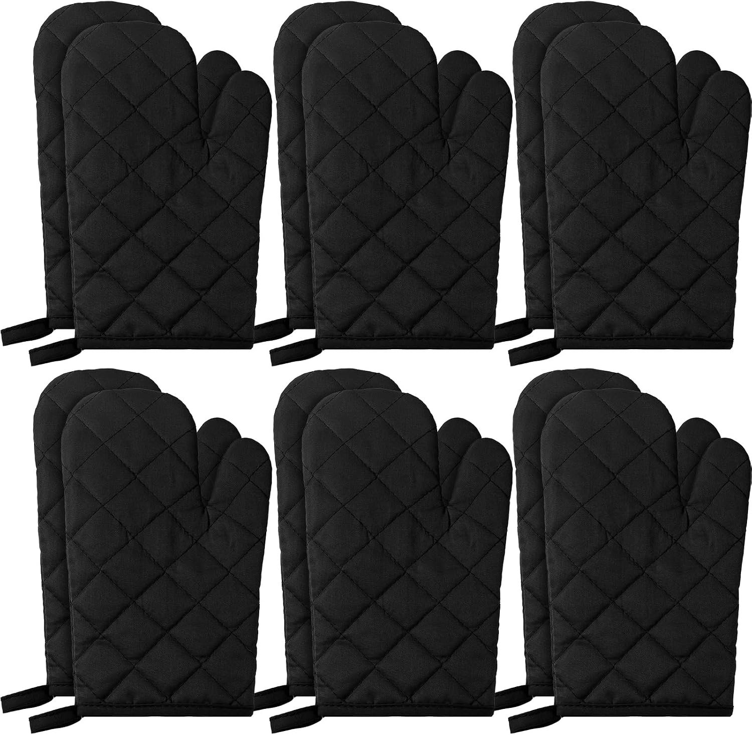 6 Pairs Heat Resistant Oven Mitts Kitchen Oven Gloves 11 Inch Long Quilted Cotton Polyester Kitchen Gloves for Cooking, Baking, Grilling BBQ (Black)