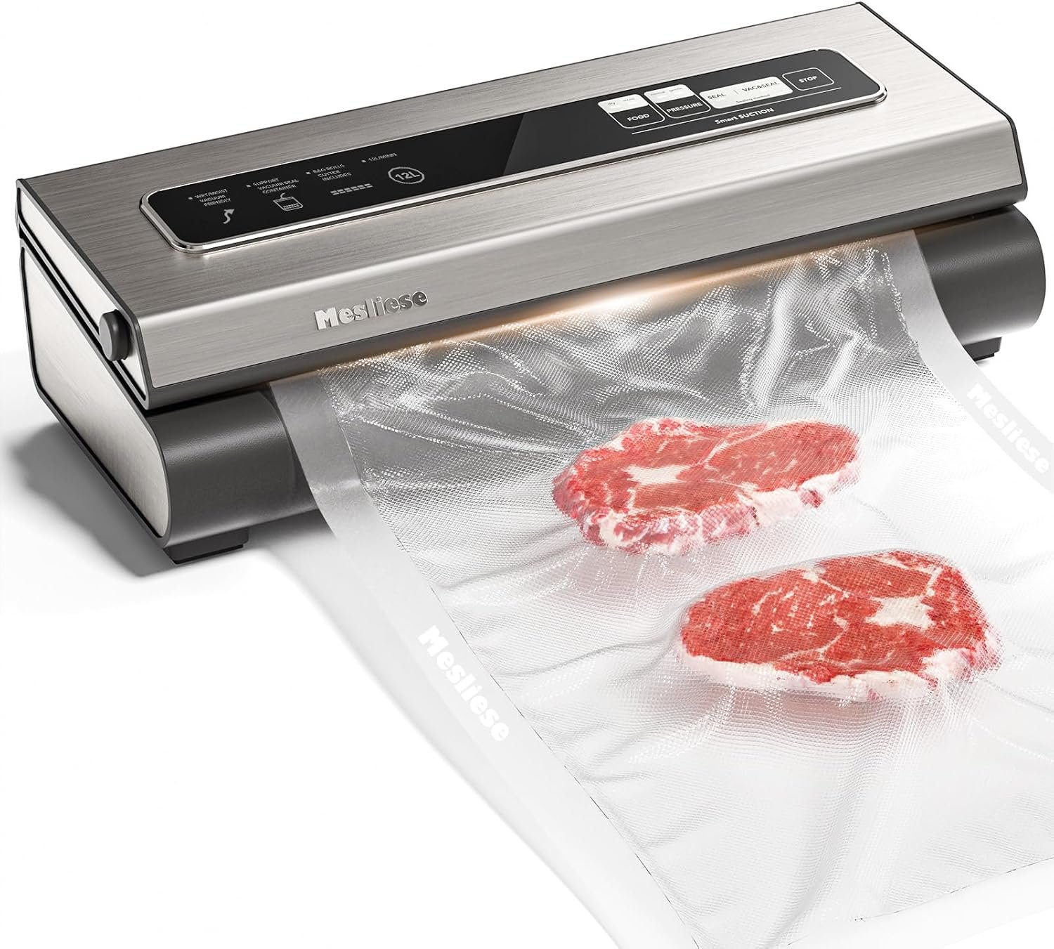 Mesliese 6in1 Vacuum Sealer, Dry/Moist Modes, 2 Bag Rolls & 5 Pre-cut Bags | Silver, 90kPa Compact Vacuum Food Sealing System, Stainless Steel Panel, Smart Suction, External Vacuum for Jars, Cutter, ETL