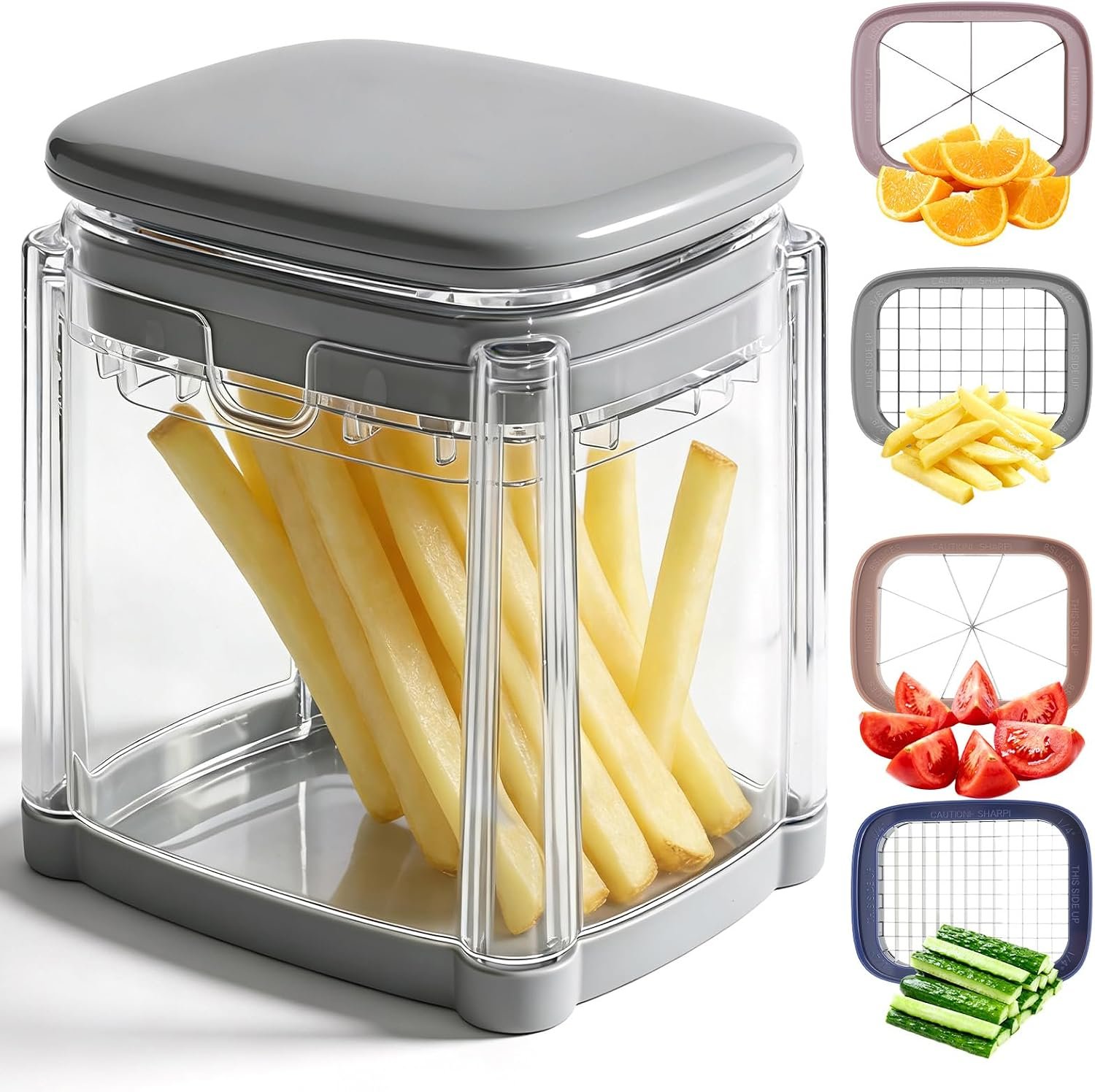 4-In-1 French Fry Cutter for Potatoes, Apple Slicer, Chopper Vegetable Cutter – Dicer Chopper for Carrots, Cucumbers, Onion, Tomato (Gray 4-in-1 French Fry Cutter)