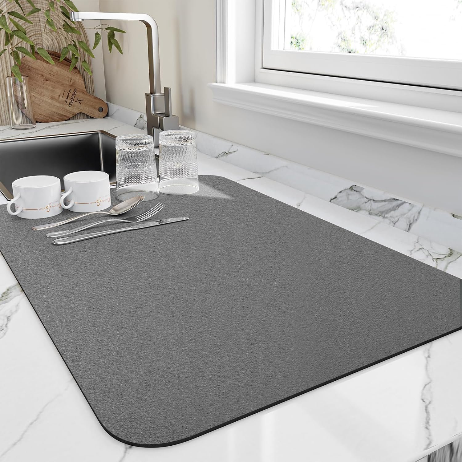 HotLive Dish Drying Mat for Kitchen Counter, Heat Resistant Drainer Mats with Non-slip Rubber Backed, Hide Stain Kitchen Super Absorbent Draining Mat, Easy to Clean Dish Rack Pad, Dark Grey 16″x18″