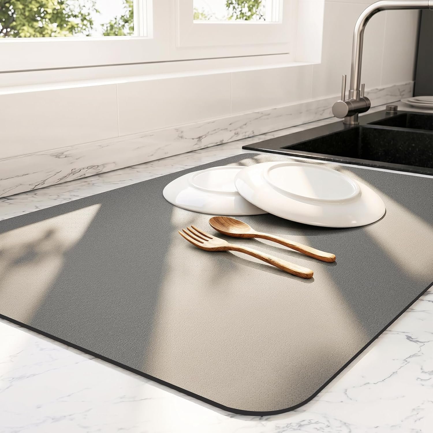 Ecotrim – Dish Drying Mat for Kitchen Counter | Coffee Bar Mat for Countertops | Heat Resistant Drainer Mat with Non-slip Rubber Backed | Hide Stain Kitchen Absorbent Draining Mat | Dark Grey 16″x20″