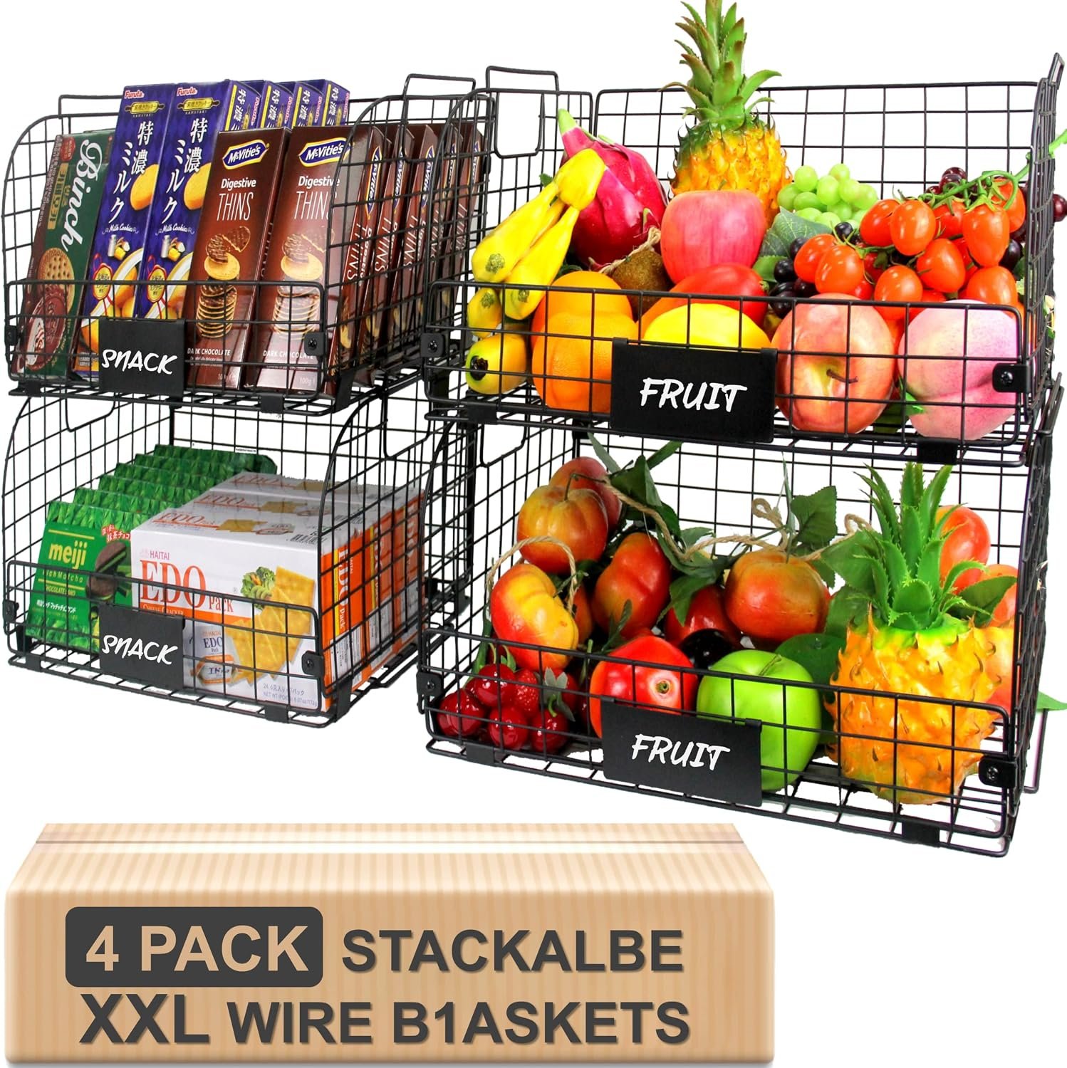 4 PACK XXL Stackable Wire Baskets for Storage Pantry,Fruit Basket For Kitchen Cabinet,16.3”x12”x8.2”Vegetable Fruit Snack Chips Onion Potato Cans Organization, pantry organizers and storage