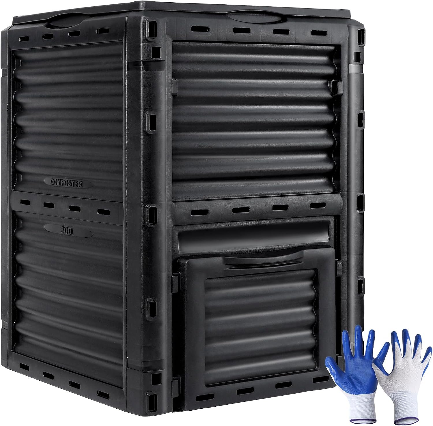 F2C Compost Bin 80 Gallon,Includes Gloves, Large Compost Bin w/Top Flip Latch-on Lid, Bottom Exit Door Aerating Outdoor Garden Compost Box,BPA Free Material for Backyard Outdoor, Black