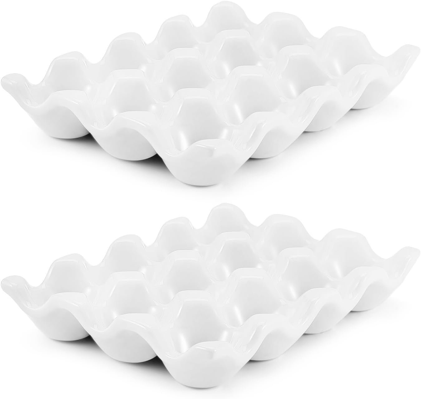 Flexzion 12 Cups Ceramic Egg Holder for Fridge – Dozen Ceramic Egg Tray Porcelain Container Storage Organizer Decorative Serving Stand Serveware for Refrigerator Countertop Display (White, 2 Pack)