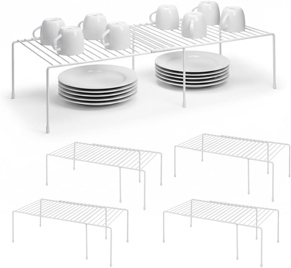 4-Pack Expandable Medium (13.4-25.1x9inch) Kitchen Organizer Rack, Kitchen Shelves for Spice Organization for Cabinet, Pantry Organizers and Storage, Spice Rack, Desk Organizer, White