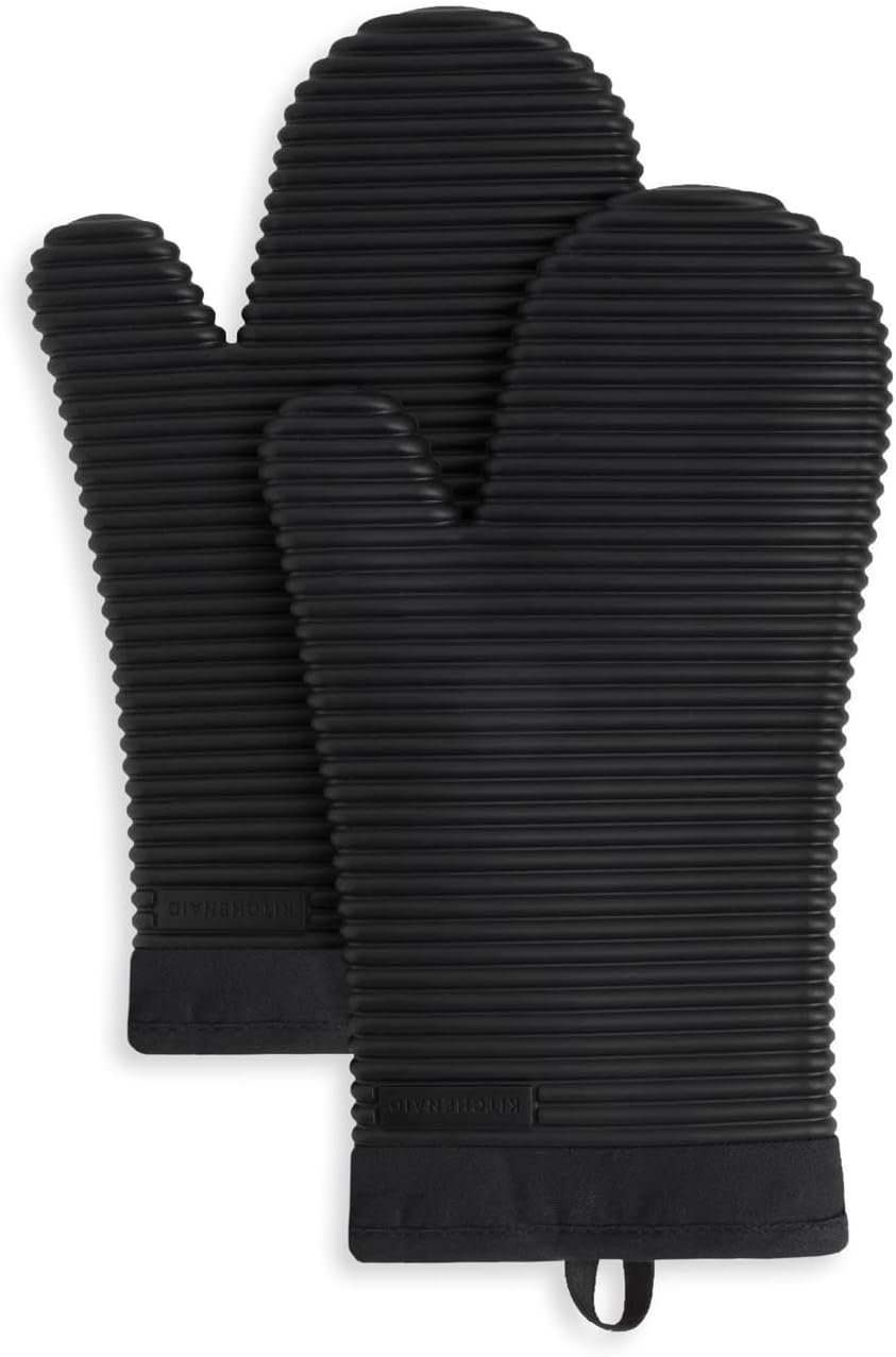 KITCHENAID Ribbed Soft Silicone Oven Mitt 2-Pack Set, Matte Black, 7.5″x13″