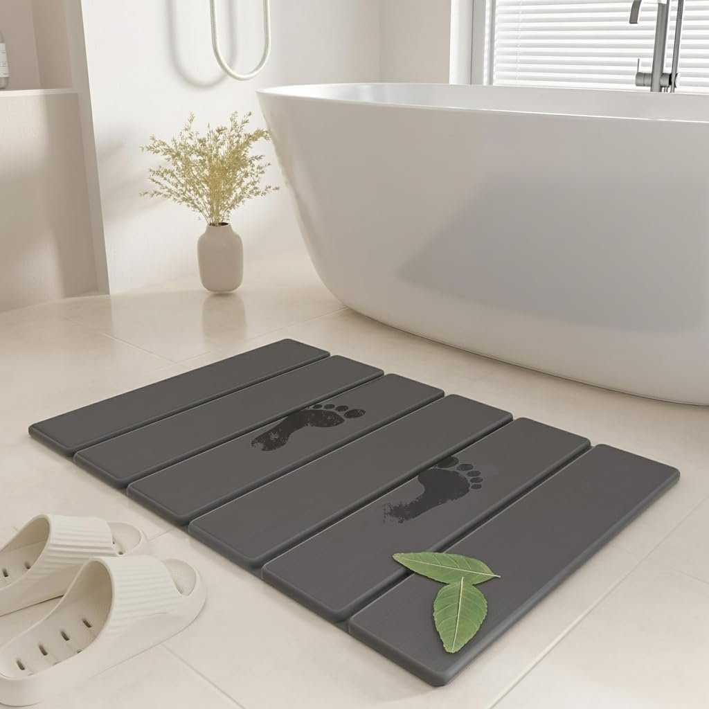 SYIPO Stone Bath Mat – Non-Slip Foldable Diatomite Bath Mat 23.6 x 15.3”, Super Absorbent & Quick Drying Bathroom Mat | Easy to Clean Shower Floor Mat, Dark Gray