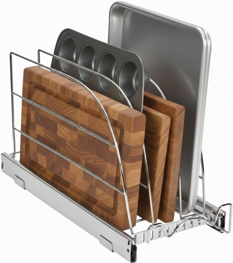 Pull Out Organizer for Bakeware, Cutting Board and Trays, 8.5″W x 21″D | Stores Cutting Board and Trays, Adjustable Dividers, Heavy Duty, Lifetime Limited Warranty – For Narrow Cabinet Spaces