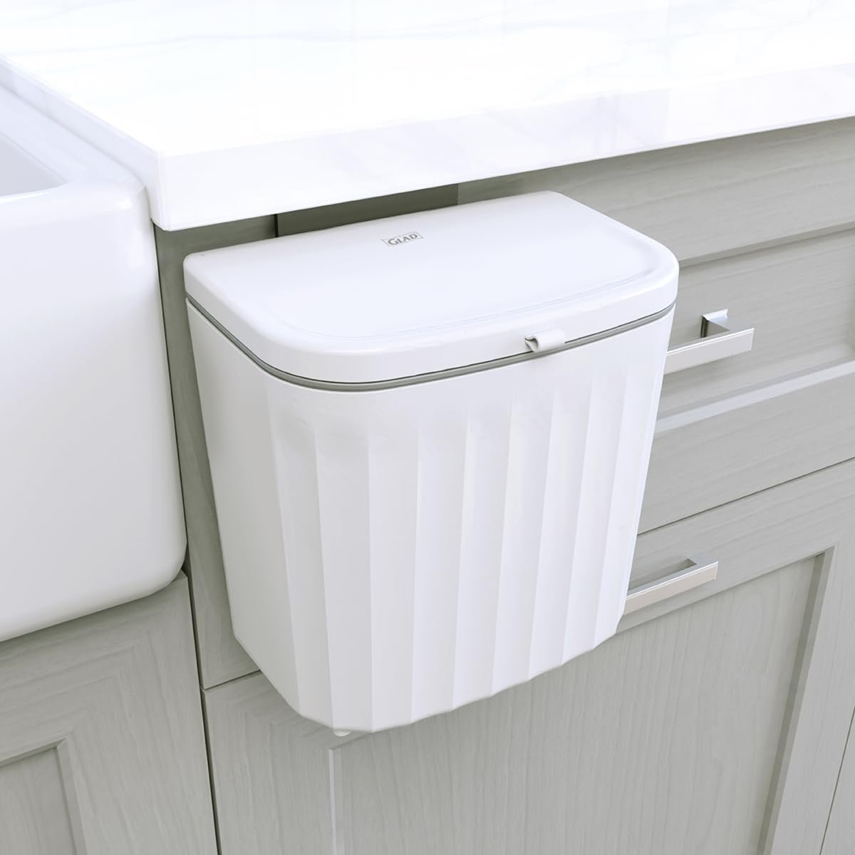 Glad Roomate Under Counter Waste Bin | Space Saving Small Trash Can for Kitchen Cabinet, Bathroom or Office | Dual Lid for Ease of Opening, 7 Liter, White
