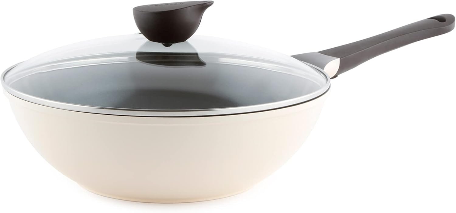 Neoflam Eela 12” Non Stick Chef’s Wok with Glass Lid, Stir Fry Pan and POFA-Free Ceramic Coating for Cooking Saute Vegetables, Meat, Fish, 12 inch, Ivory (Handle assemble required)