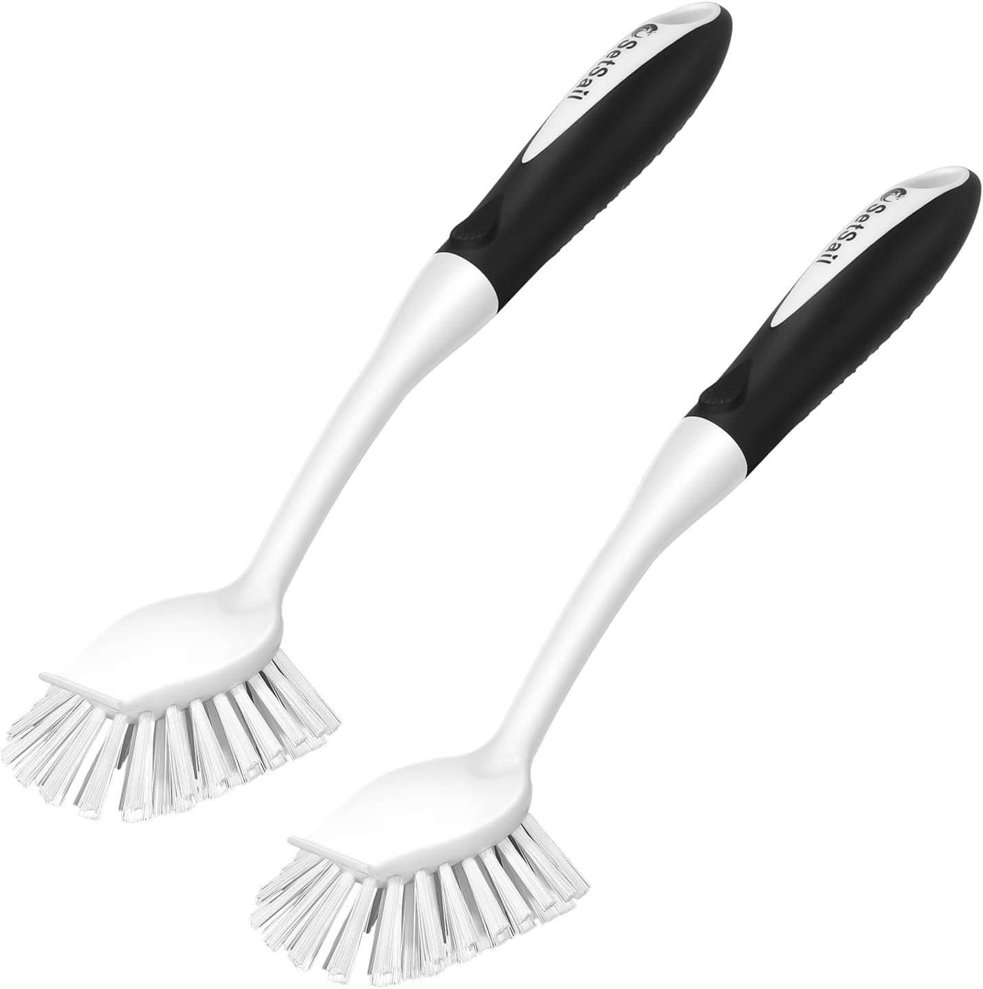 SetSail Dish Brush with Handle, 2 Pack Stiff Bristles Dish Scrubber with Built-in Scraper Dish Scrub Brushes for Cleaning Dishes, Pots and Pans, Kitchen Sink, White | Built-In Scraper Tip, Non-Slip Rubber Handle, Hanging Loop for Storage Deep Cleaning for Dishes Pots, Pans, Bottles