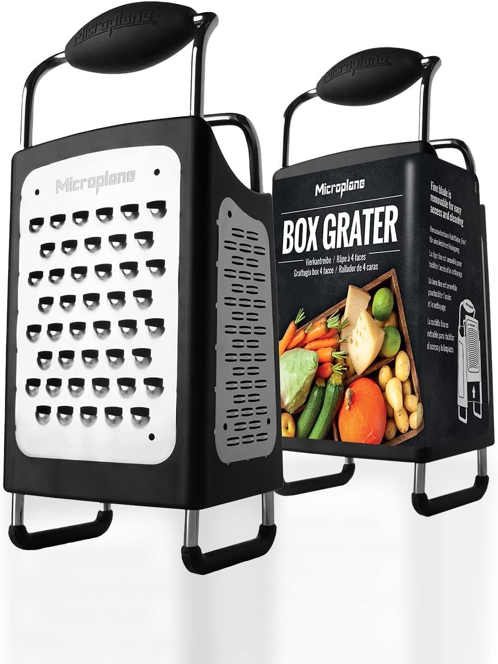 Microplane Four Sided Stainless Steel Ultra-Sharp Multi-Purpose Box Grater – Slicer, Fine, Ribbon, and Extra Coarse Blade Styles