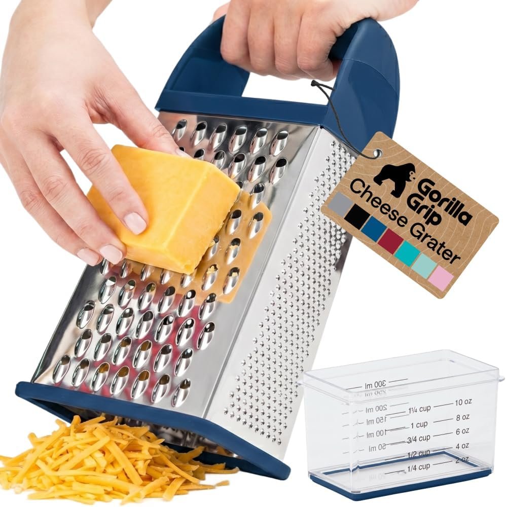 GORILLA GRIP® XL 4-Sided Stainless Steel Cheese Grater With Measurement Container, BPA-Free Box Grater, Slip Resistant Base, Grate Hard Parmesan, Shred Veggies, Zest Citrus, Dishwasher Safe