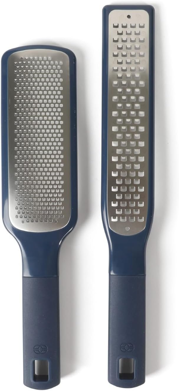 Calphalon Prime Grater and Zester, 2-Piece Stainless Steel Cheese Grater & Lemon Zester Set, Kitchen Graters with Non-Slip Rubber Handles & Protective Covers for Cheese & Vegetables, Navy Blue