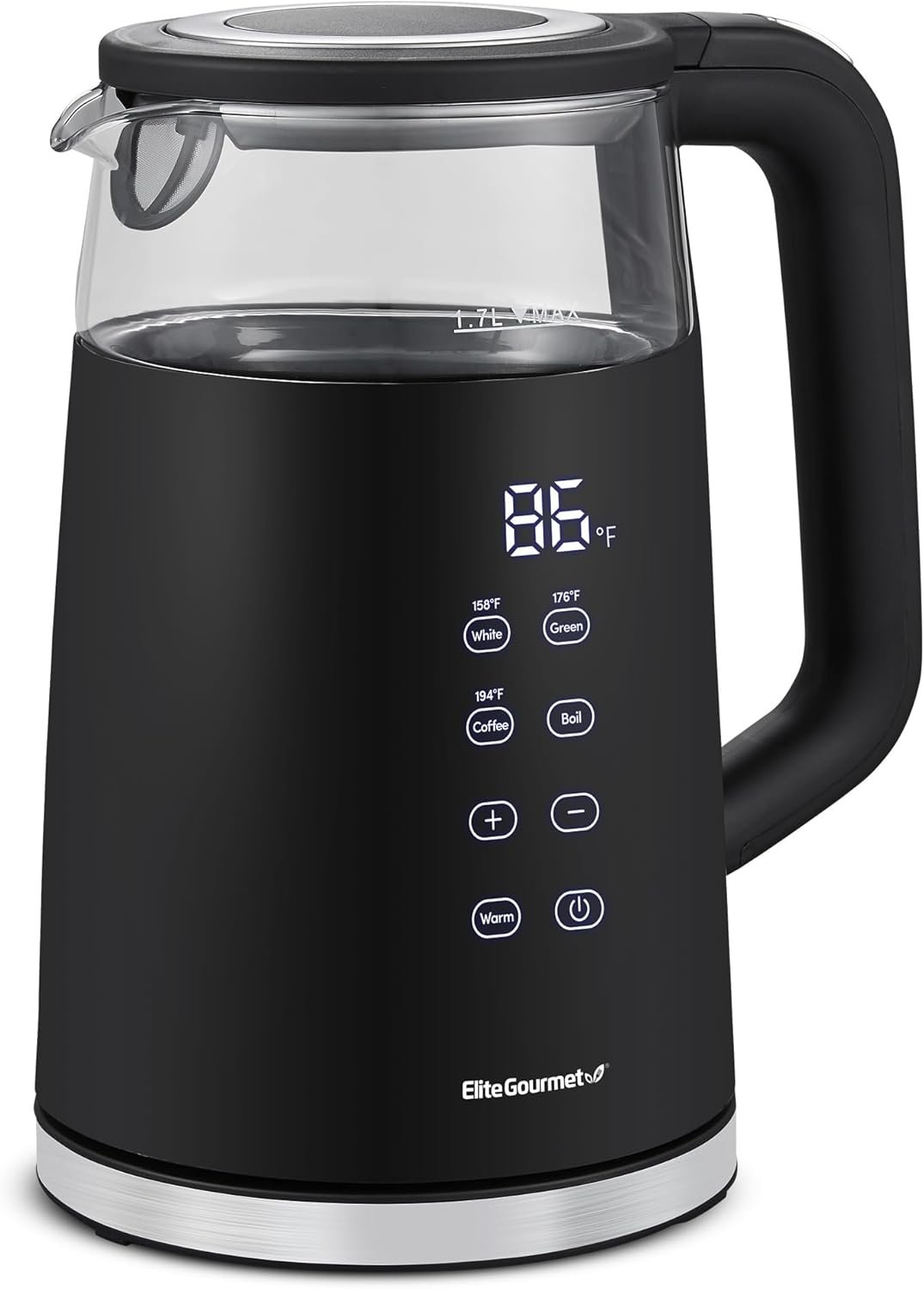 Elite Gourmet 1.7L Dual-Wall Cool-Touch Tea Kettle, Touchscreen, Black | Borosilicate Glass, 304 Stainless Steel Interior, Programmed Digital Keep Warm, Auto Off & Audible Indicator