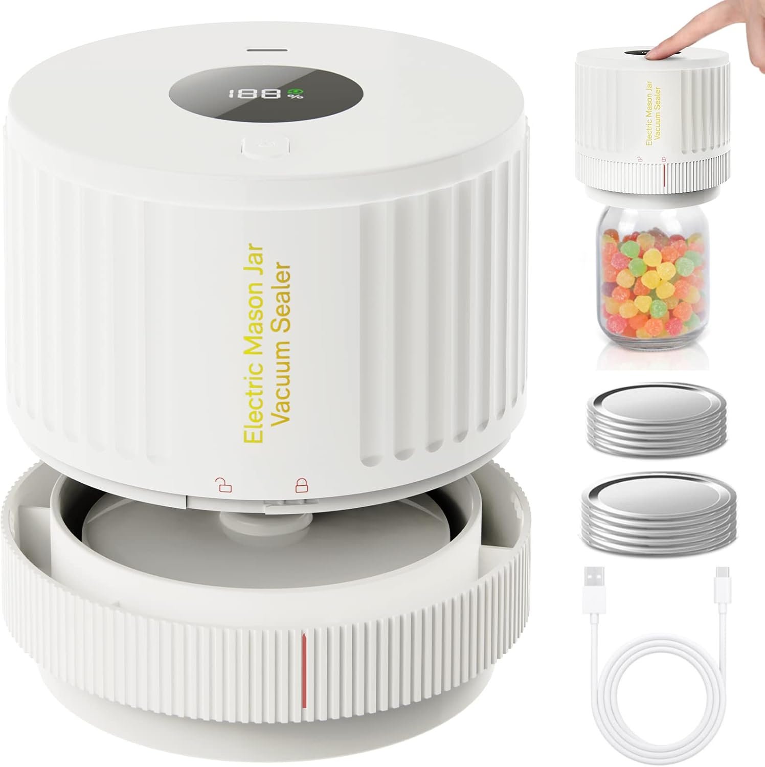 LOVE MOMENT Electric Mason Jar Vacuum Sealer Kit – White | for Wide Mouth and Regular Mouth Mason Jar