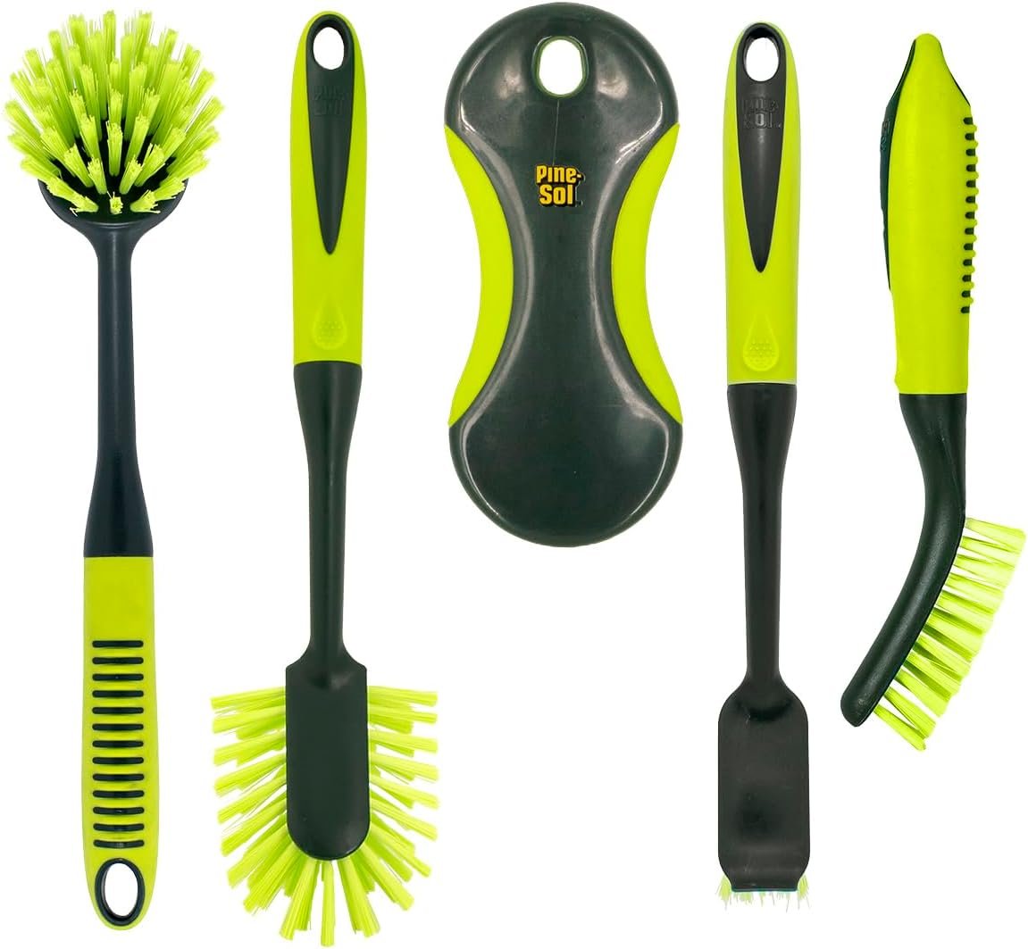 Pine-Sol Scrub Brush Set – Long Handle Cleaning Brushes with Heavy Duty Bristles and Comfort Grip – Scrubbers for Kitchen, Household, and Dishwashing, 5 Pieces