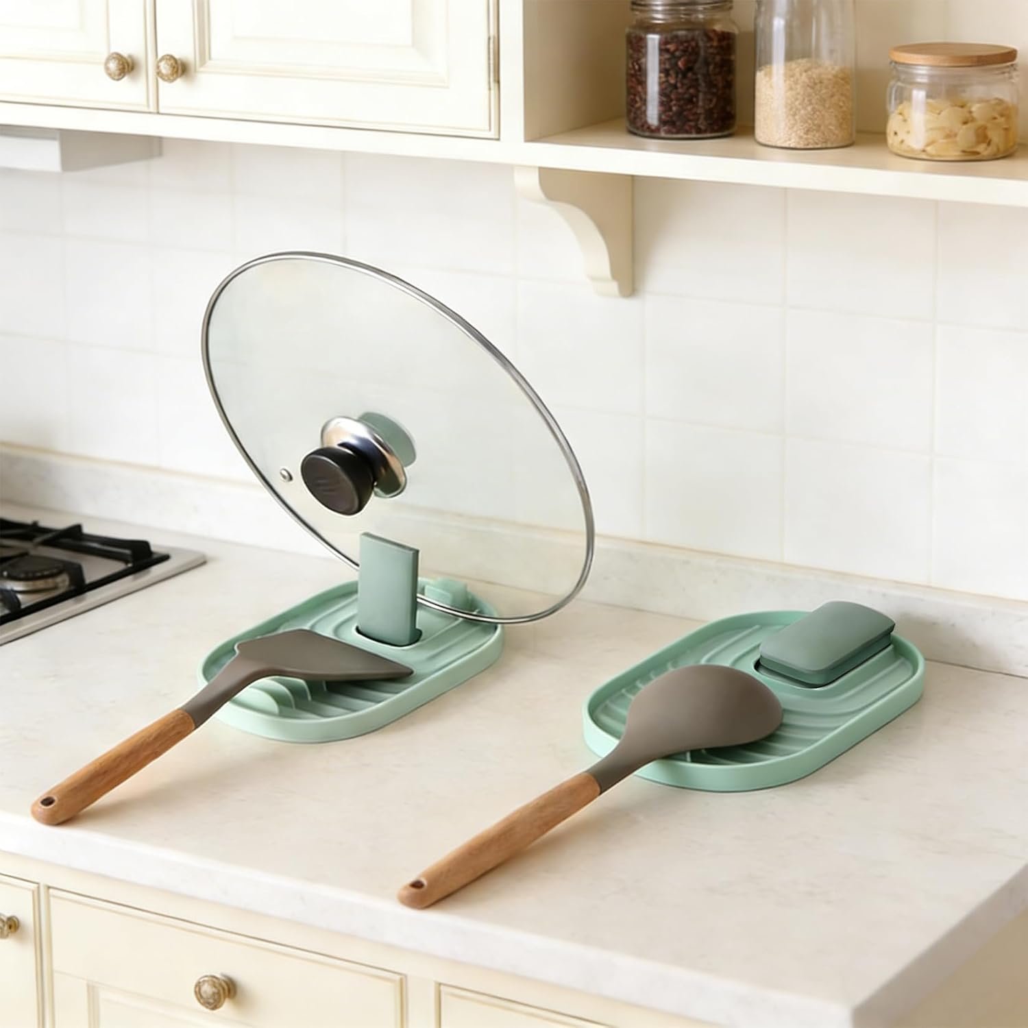 2 Pcs Spoon Rest for Stove Top, Multifunctional Foldable Pot Lid Holder, Pan Pot Cover Lid Racks for Kitchen Gadgets Shelf Stand Holder Home Utensils
