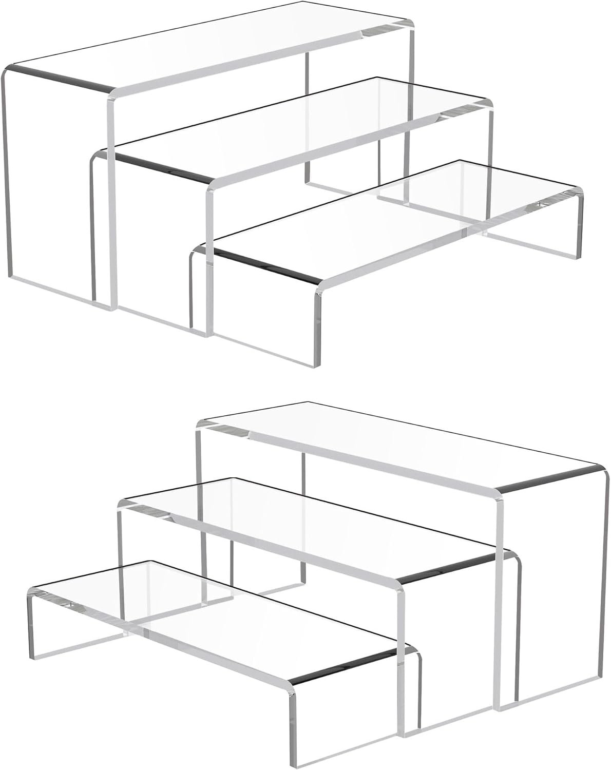 Goabroa 6 Pcs 8” Clear Cupcake Display Risers, 3 Tiers Rectangular Risers Display Stands 4mm Thick Collectibles Jewelry Display Shelf Lego Display Shelves Risers