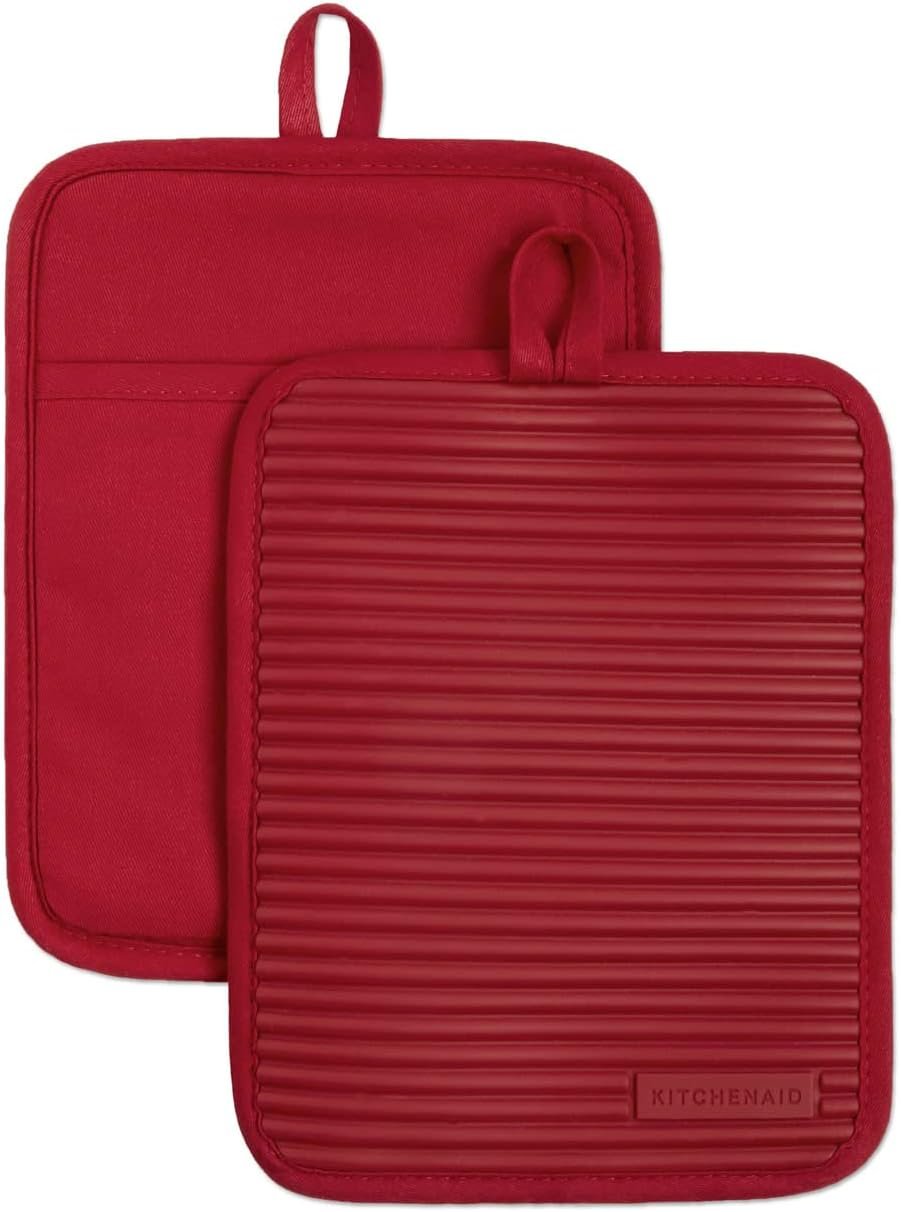 KitchenAid Ribbed Soft Silicone Pot Holder 2-Pack Set, Passion Red, 7″x9″