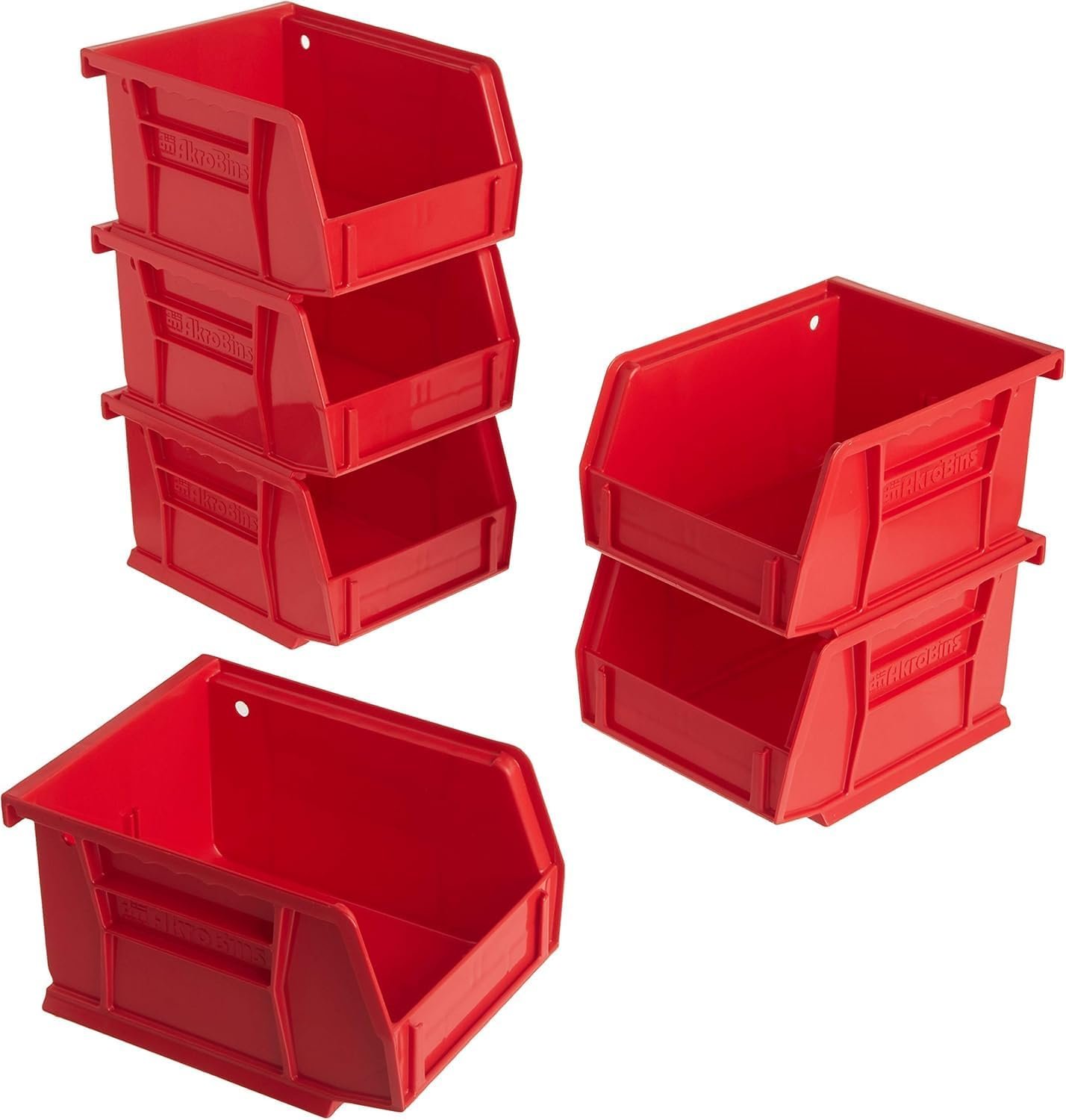 Akro-Mils 30210 AkroBins Plastic Storage Bins, Space-Saving Stackable Bins for Garage, Pantry, Craft Organization, 5″ x 4″ x 3″, Red, 6-Pack